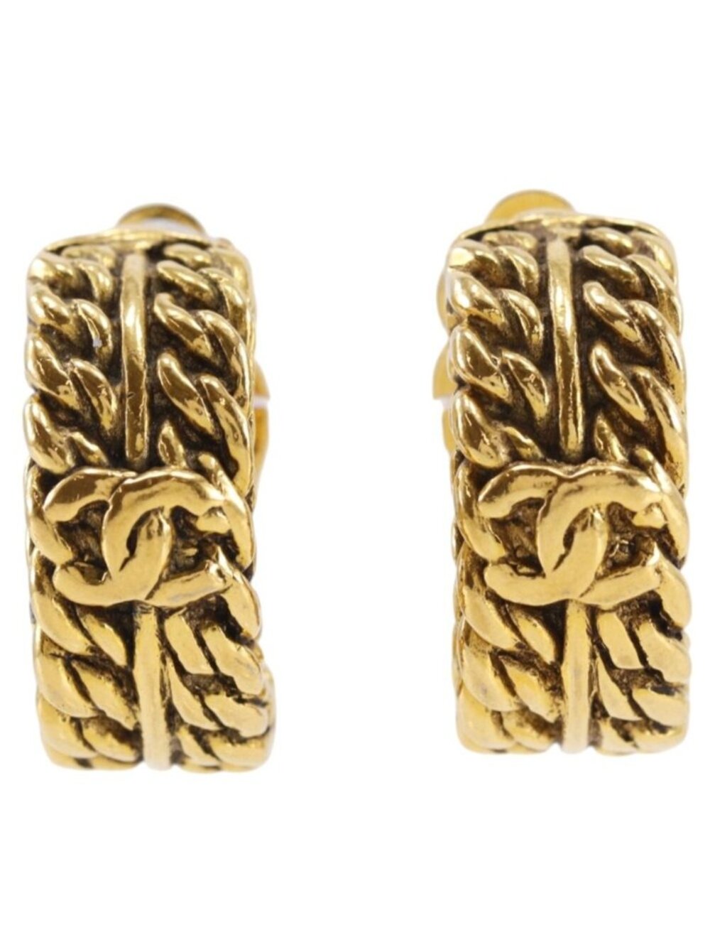 Chanel CC Logo Chain Motif Vintage Gold Plated Earrings